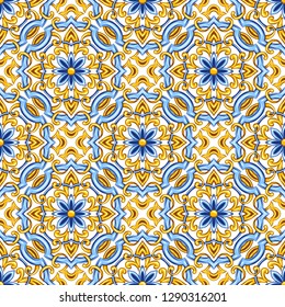 Portuguese azulejo ceramic tile pattern. Ethnic folk ornament. Mediterranean traditional ornament. Italian pottery, mexican talavera or spanish majolica.