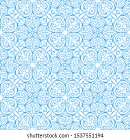 Portuguese azulejo ceramic tile pattern. Mediterranean traditional ornament. Italian pottery or spanish majolica. Baroque damask background with vintage scroll leaves.