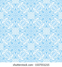 Portuguese azulejo ceramic tile pattern. Mediterranean traditional ornament. Italian pottery or spanish majolica. Baroque damask background with vintage scroll leaves.
