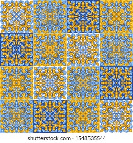 Portuguese azulejo ceramic tile pattern. Mediterranean traditional ornament. Italian pottery or spanish majolica. Baroque damask background with vintage scroll leaves.