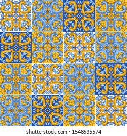 Portuguese azulejo ceramic tile pattern. Mediterranean traditional ornament. Italian pottery or spanish majolica. Baroque damask background with vintage scroll leaves.