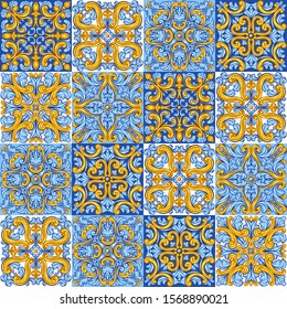 Portuguese azulejo ceramic tile pattern. Mediterranean traditional ornament. Italian pottery or spanish majolica. Baroque damask background with vintage scroll leaves.
