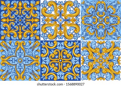 Portuguese azulejo ceramic tile pattern. Mediterranean traditional ornament. Italian pottery or spanish majolica. Baroque damask background with vintage scroll leaves.