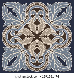 Portuguese azulejo ceramic tile pattern. Mediterranean traditional ornament. Italian pottery or spanish majolica. Baroque damask background with vintage scroll leaves.