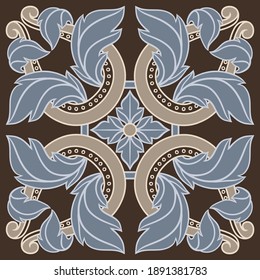 Portuguese azulejo ceramic tile pattern. Mediterranean traditional ornament. Italian pottery or spanish majolica. Baroque damask background with vintage scroll leaves.
