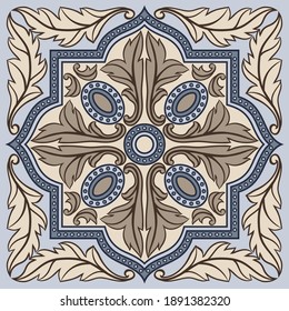Patrón de azulejo de cerámica portuguesa. Ornamento tradicional mediterráneo. cerámica italiana o mayólica española. Fondo de damasco barroco con hojas de desplazamiento vintage.