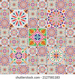 Portuguese or azulejo ceramic tiles design. Hand-drawn vector seamless mosaic mandala pattern