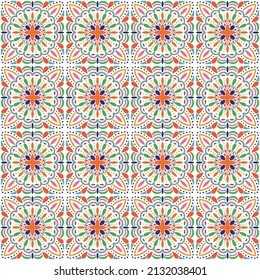 Portuguese or azulejo ceramic tiles design. Hand-drawn vector seamless mosaic mandala pattern