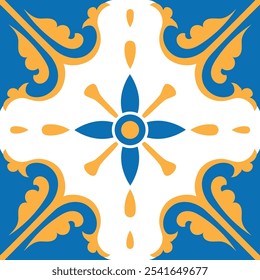 Portuguese azulejo decorative tile featuring stylized flower and leaves in blue, yellow, and white, ideal for backgrounds, patterns, and cultural designs