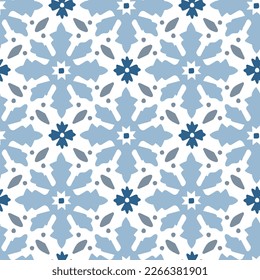 Portuguese azulejo. Floral abstract baroque ornamental tile. Hand drawn pale blue Moroccan seamless pattern for Ramadan holiday, banner. Islamic background, fabric, textile. Arabic decorative vector.