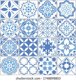 Portuguese Azulejo tile seamless vector pattern, Lisbon blue old tiles mosaic, Mediterranean repetitive textile design.
	
Ornamental retro background inspired by Spanish and Portuguese traditional art