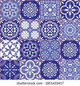 Portuguese Azulejo tile seamless vector pattern, Lisbon geometric and floral navy blue retro tiles design collection. Ornamental background inspired by Spanish and Portuguese art