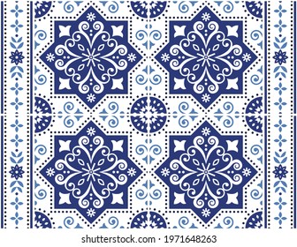 Portuguese Azulejo tile seamless vector decorative pattern with frame or border, Lisbon traditional design with flowers, swirls and geometric shapes. Retro elegant navy blue and white background 