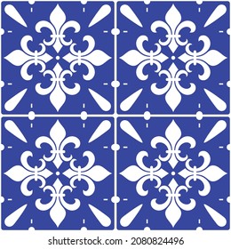 Portuguese Azulejo tile seamless vector decrative pattern with fleur de lis motif, navy blue abstract geometric design. Lisbon, Portugal traditional ornament perfect for textile, fabric print