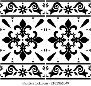 Portuguese Azulejo tile seamless vector decrative pattern with fleur de lis motif, black and white geometric design with frame or border. Lisbon, Portugal traditional monochrome ornament