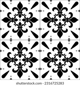 Portuguese Azulejo tile seamless vector decrative pattern with fleur de lis motif, black and white abstract geometric design. Lisbon, Portugal traditional ornament perfect for textile, fabric print 