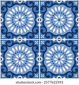 Portuguese Azulejo tile seamless vector pattern, retro design with flowers and geometric shapes in navy blue and white