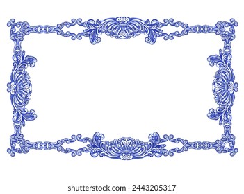 Portuguese Azulejo tile - vector decrative pattern  in navy blue geometric design with frame or border. Baroque Vector mosaic. Capri Maiolica. Delft Blue and White.
