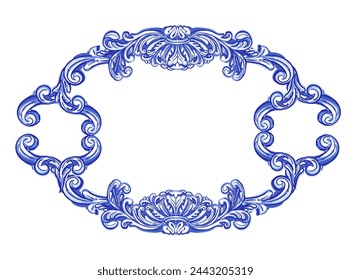 Portuguese Azulejo tile - vector decrative pattern  in navy blue geometric design with frame or border. Baroque Vector mosaic. Capri Maiolica. Delft Blue and White.
