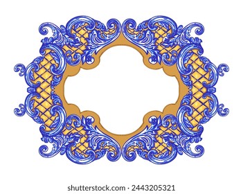 Portuguese Azulejo tile - vector decrative pattern  in navy blue geometric design with frame or border. Baroque Vector mosaic. Capri Maiolica. Delft Blue and White.
