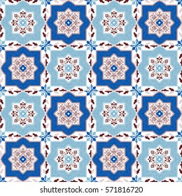 Portuguese azulejo tiles. Blue and white gorgeous seamless patterns. For scrapbooking, wallpaper, cases for smartphones, web background, print, surface texture, pillows, towels, linens, bags, T-shirts
