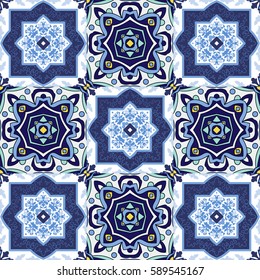 Portuguese azulejo tiles. Blue and white gorgeous seamless patterns. For scrapbooking, wallpaper, cases for smartphones, web background, print, surface texture, pillows, towels, linens, bags, T-shirts