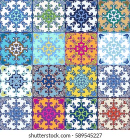 Portuguese azulejo tiles. Blue and white gorgeous seamless patterns. For scrapbooking, wallpaper, cases for smartphones, web background, print, surface texture, pillows, towels, linens, bags, T-shirts