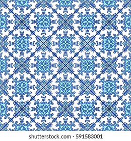 Portuguese azulejo tiles. Blue and white gorgeous seamless patterns. For scrapbooking, wallpaper, cases for smartphones, web background, print, surface texture, pillows, towels, linens, bags, T-shirts