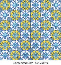Portuguese azulejo tiles. Blue and white gorgeous seamless patterns. For scrapbooking, wallpaper, cases for smartphones, web background, print, surface texture, pillows, towels, linens, bags, T-shirts