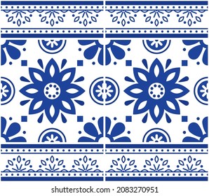 Portuguese Azulejo tiles seamless vector floral pattern with frame or border - decorative tile retro design with flowers in navy blue. Lisbon elegant wallpaper or textile, fabric print ornament 