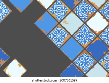 Portuguese azulejo vintage ceramic tile background. Old grunge background with chipped enamel tile. Italian pottery or spanish majolica.