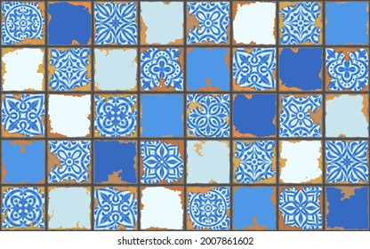 Portuguese azulejo vintage ceramic tile pattern. Old grunge background with chipped enamel tile. Italian pottery or spanish majolica.