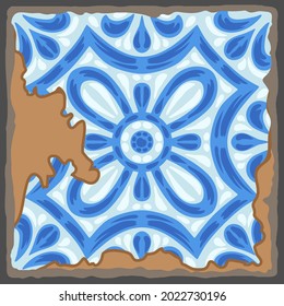 Portuguese azulejo vintage ceramic tile pattern. Old grunge background with chipped enamel tile. Italian pottery or spanish majolica.