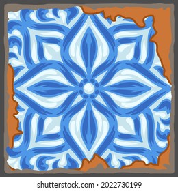 Portuguese azulejo vintage ceramic tile pattern. Old grunge background with chipped enamel tile. Italian pottery or spanish majolica.