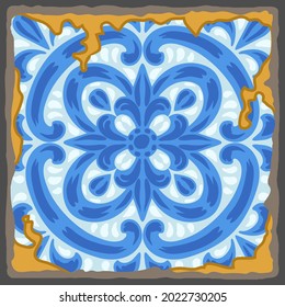 Portuguese azulejo vintage ceramic tile pattern. Old grunge background with chipped enamel tile. Italian pottery or spanish majolica.