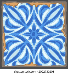 Portuguese azulejo vintage ceramic tile pattern. Old grunge background with chipped enamel tile. Italian pottery or spanish majolica.