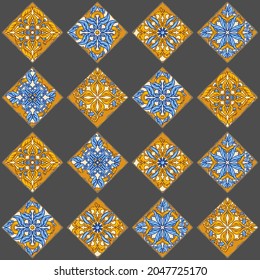 Portuguese azulejo vintage ceramic tile seamless pattern. Old grunge background with chipped enamel tile. Italian pottery or spanish majolica.