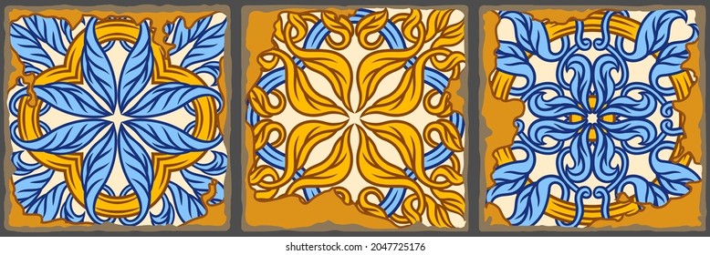 Portuguese azulejo vintage ceramic tile pattern. Old grunge background with chipped enamel tile. Italian pottery or spanish majolica.