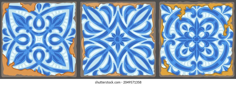 Portuguese azulejo vintage ceramic tile pattern. Old grunge background with chipped enamel tile. Italian pottery or spanish majolica.