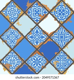 Portuguese azulejo vintage ceramic tile seamless pattern. Old grunge background with chipped enamel tile. Italian pottery or spanish majolica.