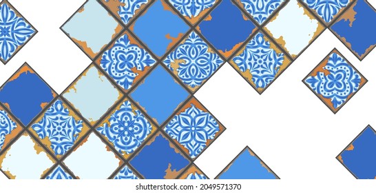 Portuguese azulejo vintage ceramic tile background. Old grunge background with chipped enamel tile. Italian pottery or spanish majolica.