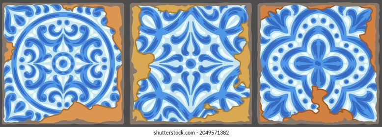 Portuguese azulejo vintage ceramic tile pattern. Old grunge background with chipped enamel tile. Italian pottery or spanish majolica.