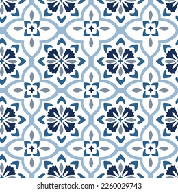 Portuguese azulejos floral tile design. Hand drawn ornamnetal blue Moroccan seamless pattern for Ramadan greeting cards. Islamic background, fabric, arabic web banner. Decorative vector illustrations.