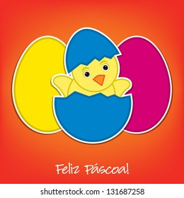 Portuguese Baby Chick and eggs Easter card in vector format