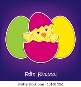 Portuguese Baby Chick and eggs Easter card in vector format