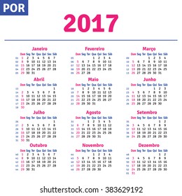 Portuguese (Brazilian) calendar 2017, horizontal calendar grid, vector 