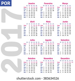 Portuguese (Brazilian) calendar 2017, vertical calendar grid, vector 