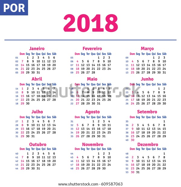 Portuguese Brazilian Calendar 2018 Horizontal Calendar Stock Vector ...