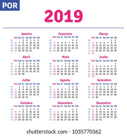 Portuguese (Brazilian) calendar 2019, horizontal calendar grid, vector 
