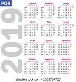 Portuguese (Brazilian) calendar 2019, vertical calendar grid, vector 